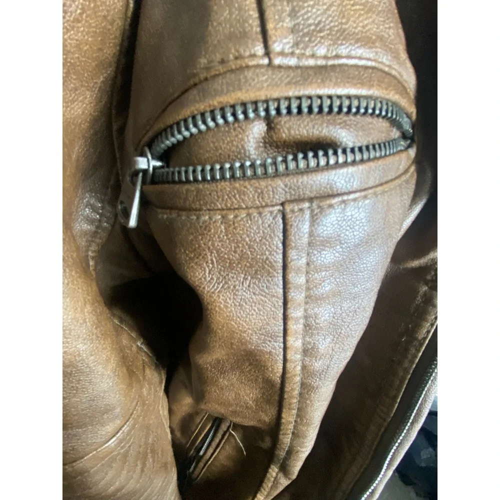 Women's‎ Brown Faux Leather Moto Jacket Hooded Zip-Up Biker Style Size M